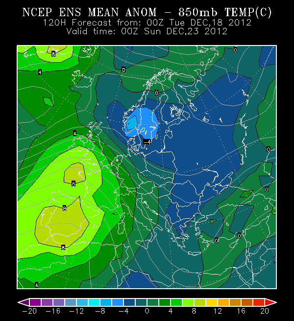 Anomalía de temperatura a 850 hPa, prevista para el 23.12.12, 00 UTC. Crédito: ESRL/NOAA