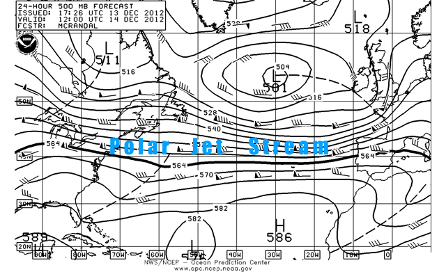 Campo de isohipsas a 500 hPa para el Atlántico Norte, 13.12.12, publicado a las 17:26 UTC. Crédito: OPC/NOAA.