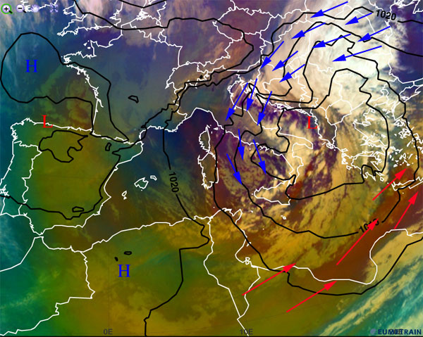 Imagen infrarroja y falso color RGB (modo masas de aire) y campo isobárico de superficie, 09.12.12, 00 UTC.
