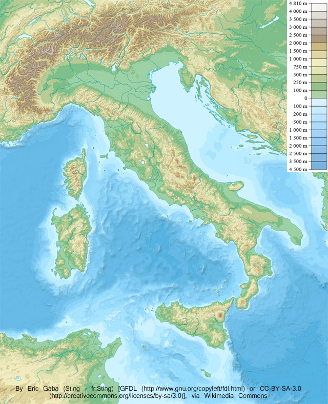 Mapa físico de Italia. Crédito: Wikipedia.