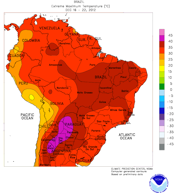 Temperaturas máximas en Sudamérica, en el periodo 16 a 22 de diciembre. Crédito: NOAA.
