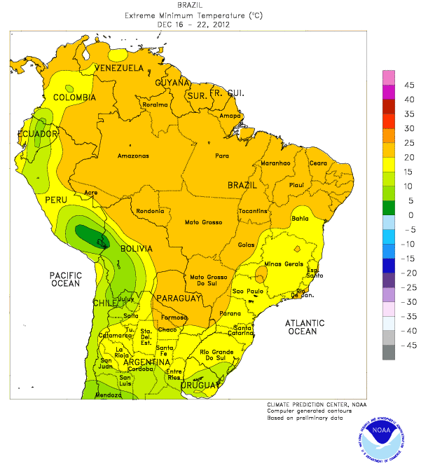 Temperaturas mínimas en Sudamérica, para el periodo 16 a 22 de diciembre. Crédito: NOAA.