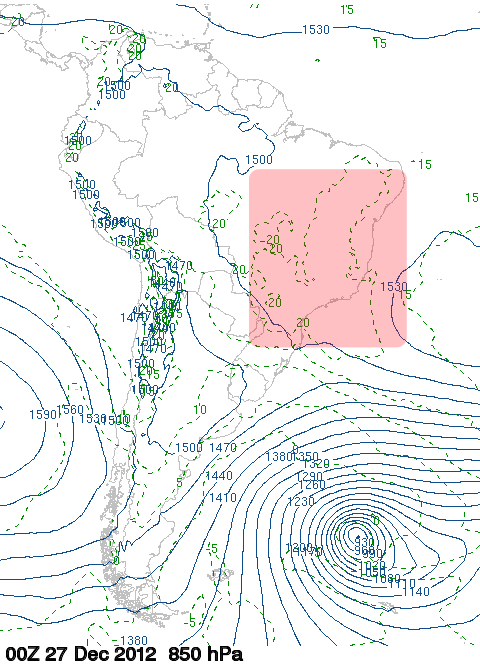 Temperatura (ºC) y altura geopotencial (m) a 850 hPa, 27.12.12, 00 UTC. Crédito: Universidad de Wyoming.