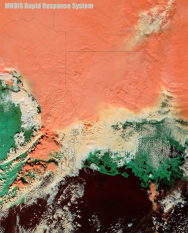 Imagen visible y falso color RGB del sistema de tormentas. Satélite TERRA (sensor MODIS), 25.12.12.