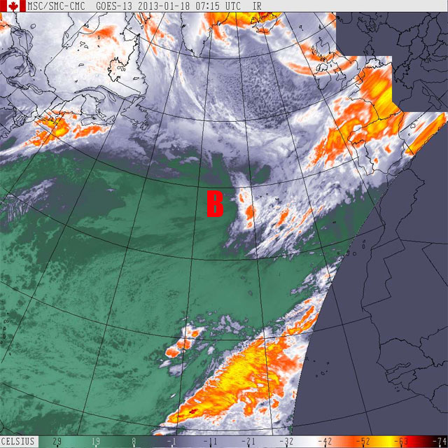 Imagen visible y falso color RGB de la borrasca. Satélite GOES-13, 18.01.13, 07:15 UTC. 