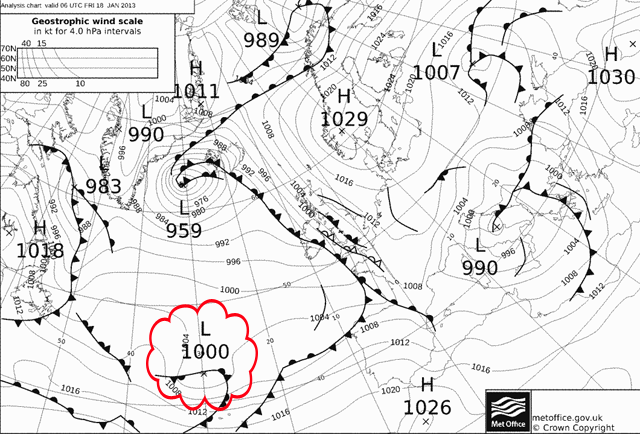 Análisis de superficie para el Atlántico Norte, 18.01.13, 06 UTC. Crédito: wetterzentrale.