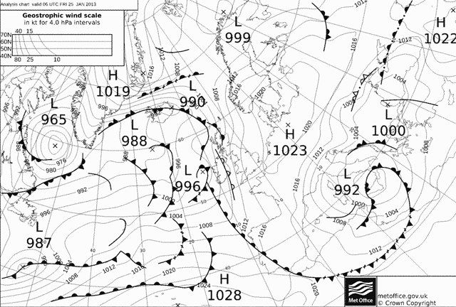 Análisis de superficie para el Atlántico Norte, 25.01.13, 06 UTC. Crédito: wetterzentrale.