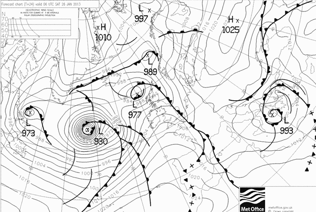 Análisis de superficie para el Atlántico Norte, previsto para el 26.01.13, 06 UTC. Crédito: wetterzentrale.