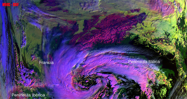 Imagen visible y falso color RGB (alta resolución) del ciclón. Satélite MetOp-A, 23.01.13, 09:01 UTC.