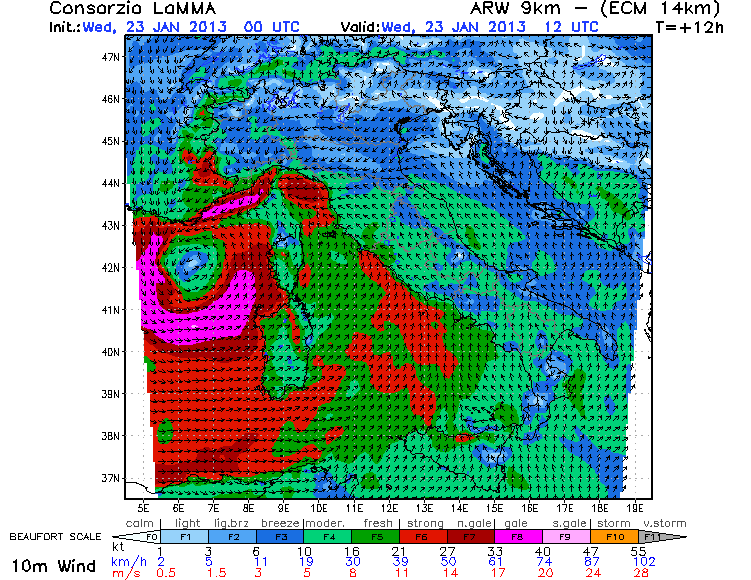 Campo de vientos a 10 m., modelo WRF - ARW GFS, 23.01.13, 12 UTC.