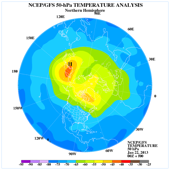 Análisis de temperatura a 50 hPa para el Hemisferio Norte, 22.01.13, 00 UTC.
