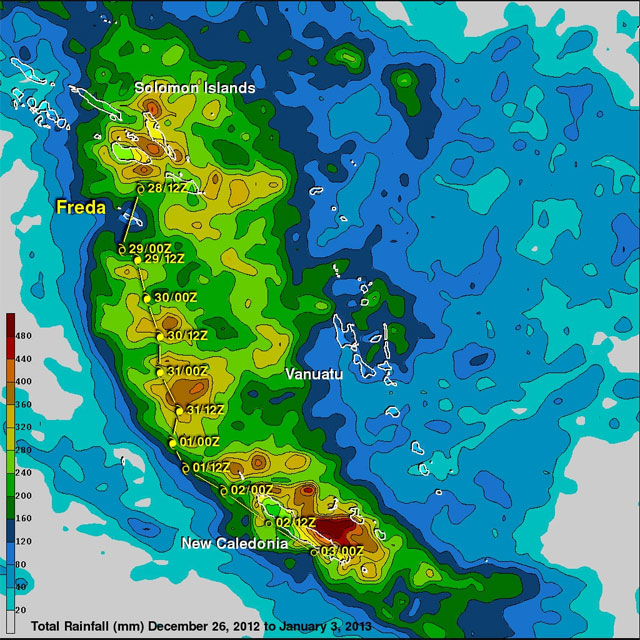 Precipitación acumulada entre el 26.12.12 al 03.01.13, asociada a FREDA.