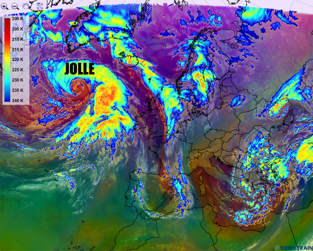 Imagen infarroja de falso color (masas de aire y temperatura topes nubosos), 26.01.13, 06 UTC. Satélite Meteosat-9. Crédito: eumetrain.