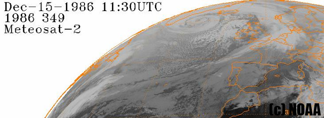 Imagen infrarroja de la borrasca, satélite Meteosat-2. 15.12.1986, 11:30 UTC.