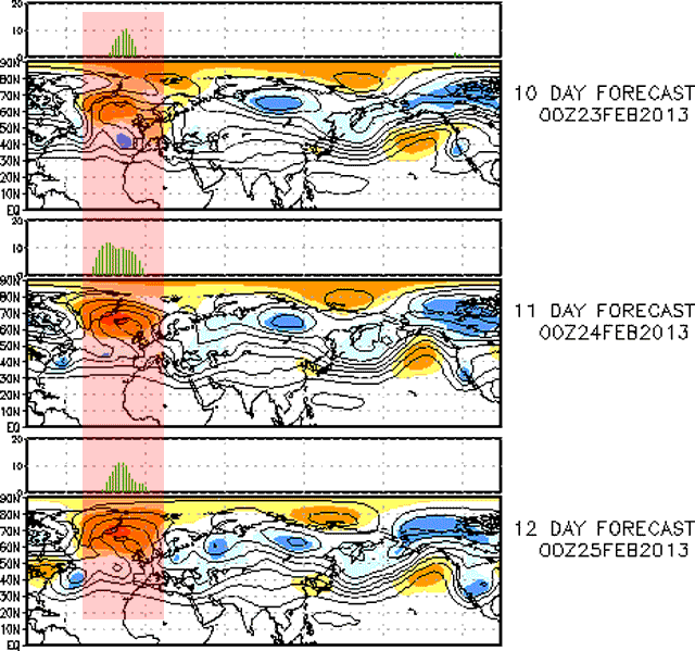 Presión a nivel del mar (trazo blanco) y geopotencial de 500 hPa (colores) previstos para el 16.01.14, 00 UTC. Modelo IFS.
