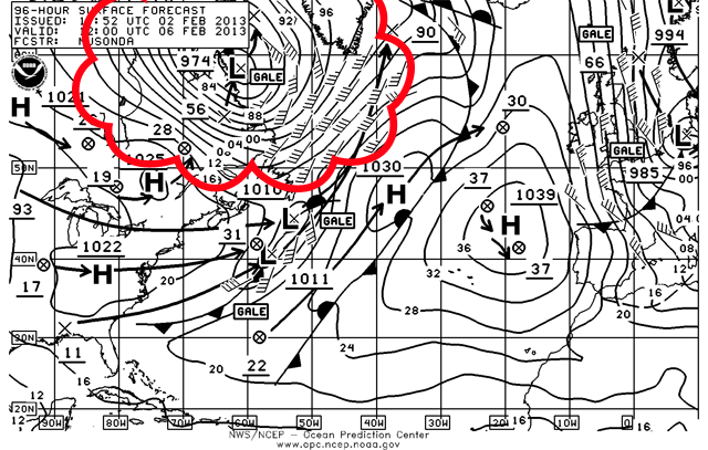 Análisis de superficie para el Atlántico Norte Occidental, a +96 horas. Crédito: OPC/NOAA.