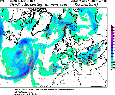 Precipitaciones acumuladas a intervalos de 6 horas, modelo GFS. 28.02.13.