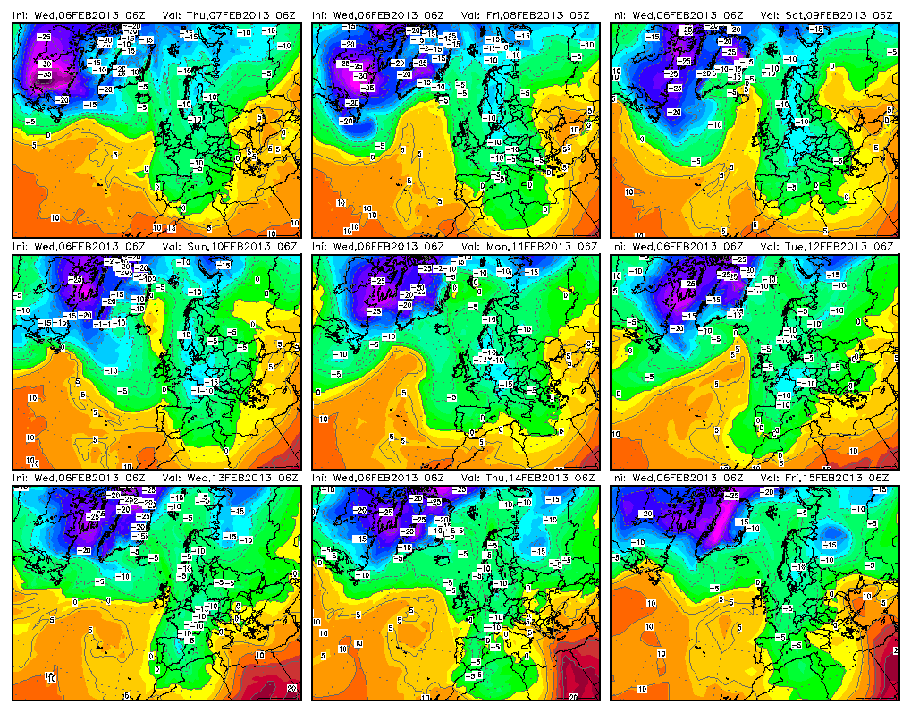 Panel a 9 días, de temperatura a 850 hPa, según el modelo GFS. Crédito: wetterzentrale.