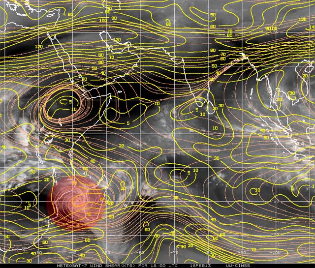 Imagen de vapor de agua y cizalladura vertical del viento, 18.02.13, 18 UTC. Crédito: CIMSS.
