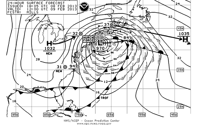 Análisis de superficie para el Atlántico Norte Occidental, a +24 horas. Crédito: OPC/NOAA.