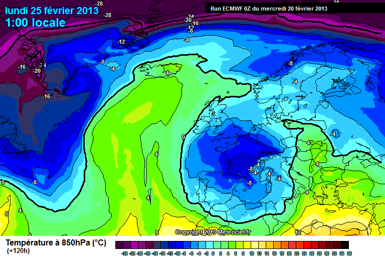 Temperatura a 850 hPa, según el modelo ECMWF, para el 25.02.13, 00 UTC.