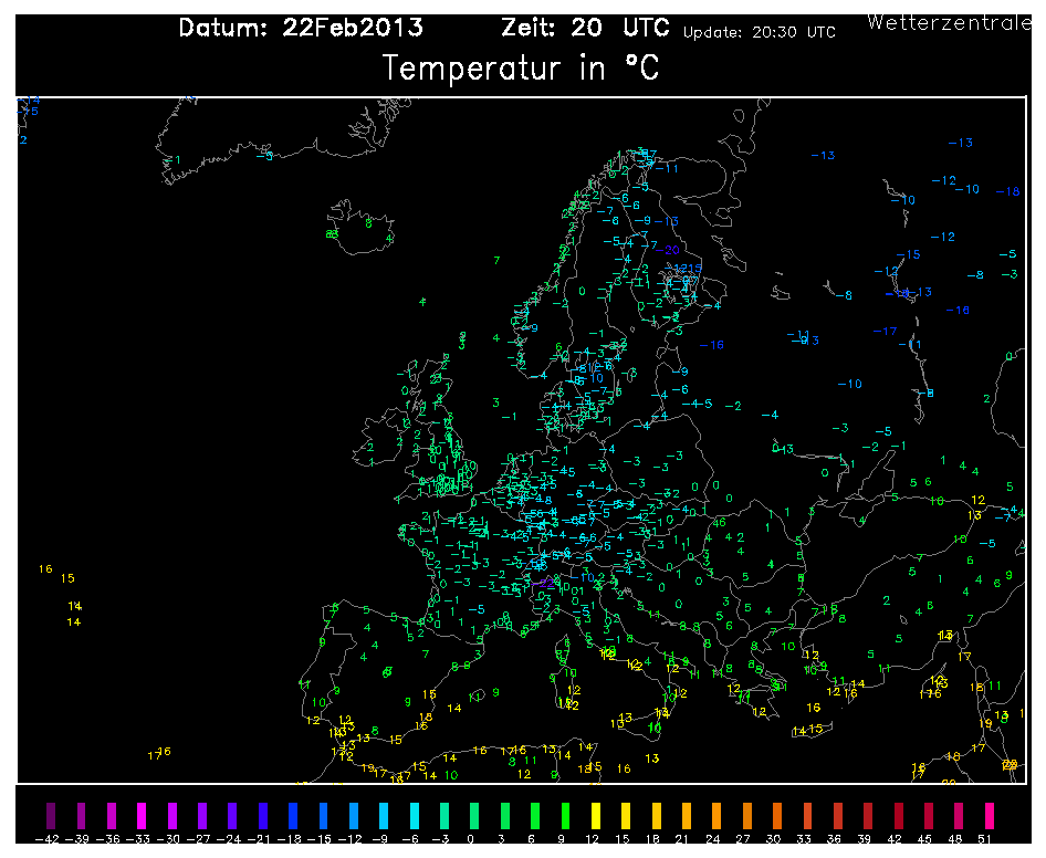Temperaturas a 2 m. a las 20 UTC en Europa. Crédito: wetterzentrale.