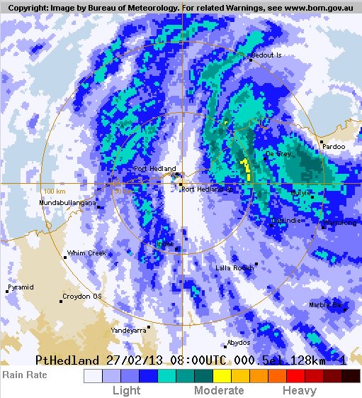 Imagen de radar de RUSTY tocando tierra. 27.02.13, 08 UTC. Crédito: BOM, Australian Meteorology.