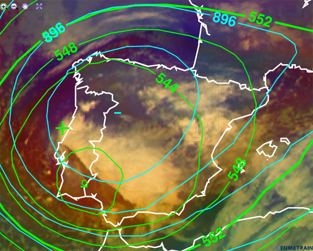 Imagen infrarroja y falso color RGB (modo masas de aire) y altura geopotencial de 500 hPa (trazo verde) y de 300 hPa (trazo azul). Análisis 28.02.13, 06 UTC. Crédito: eumetrain.