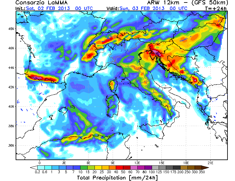 Precipitación acumulada en las 24 horas anteriores al 03.02.13, 00 UTC. Modelo ARW - GFS.