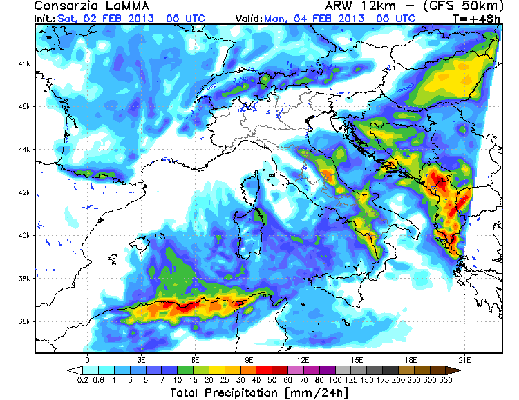 Precipitación acumulada en las 24 horas anteriores al 04.02.13, 00 UTC. Modelo ARW - GFS.