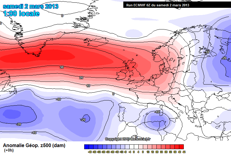 Anomalías de temperatura de las aguas superificiales en el Atlántico Norte oriental, 5 marzo 2015.