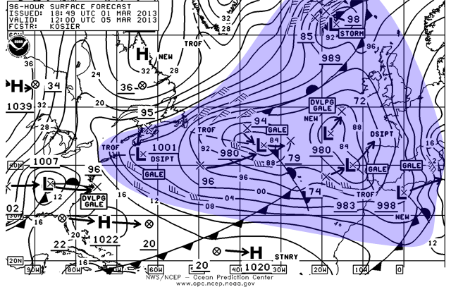 Análisis de superficie para el Atlántico Norte, previsto para el 05.03.13, 12 UTC. Crédito: NOAA / OPC.