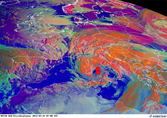Imagen en realce RGB de Microfísica Diurna, 25.03.13, 07 UTC. Crédito: EUMETSAT.