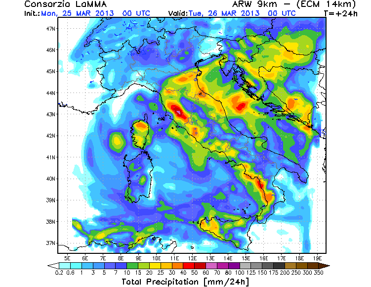 Precipitación acumulada en 24 horas hasta el 26.03.13, 00 UTC. Modelo WRF-ARW ECM.