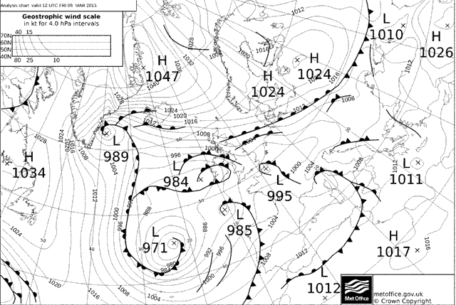 Análisis de superficie para el Atlántico Norte, 08.03.13, 12 UTC. Crédito: wetterzentrale.