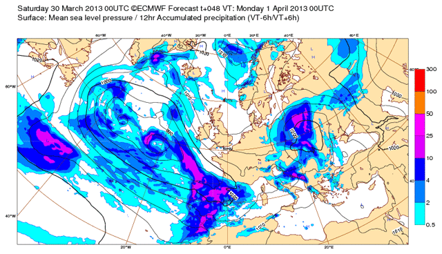 Precipitación acumulada en 12 horas, prevista para el 01.04.13, 00 UTC. Modelo ECMWF.