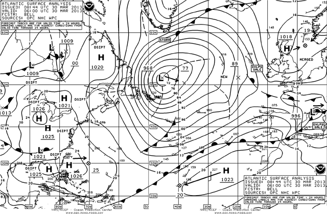 Análisis de superficie para el Atlántico Norte, 30.03.13, 08:44 UTC. Crédito: NOAA / OPC.