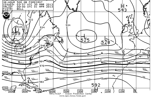 Campo de isohipsas a 500 hPa para el Atlántico Norte, 30.03.13, publicado a las 03:57 UTC. Crédito: OPC/NOAA.