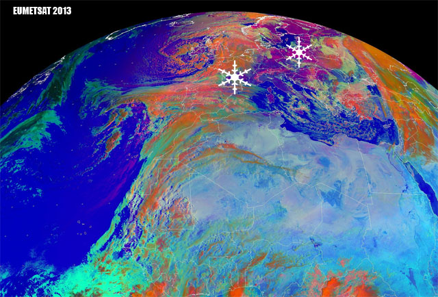 Imagen en realce RGB de Microfísica Diurna, mostrando la cobertura nivosa en Europa, 16.03.13, 07 UTC.