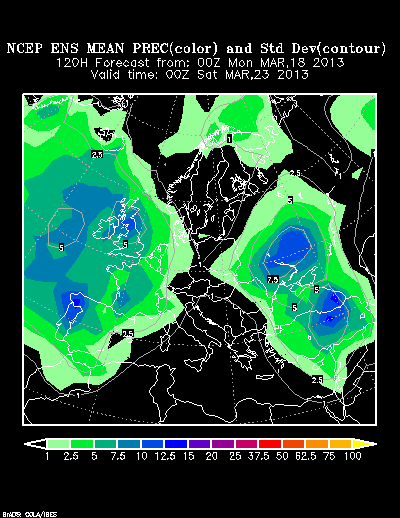Precipitación acumulada y anomalías, según el ensemble NCEP, desde el 23.03.13, hasta 01.04.13, 00 UTC. Crédito: NOAA.