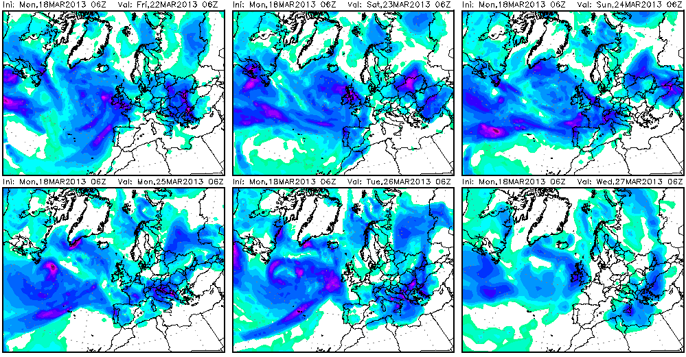 Precipitaciones acumuladas cada 24 horas, panel 22.03.13 a 27.03.13, 06 UTC. Modelo GFS. Crédito: wetterzentrale.