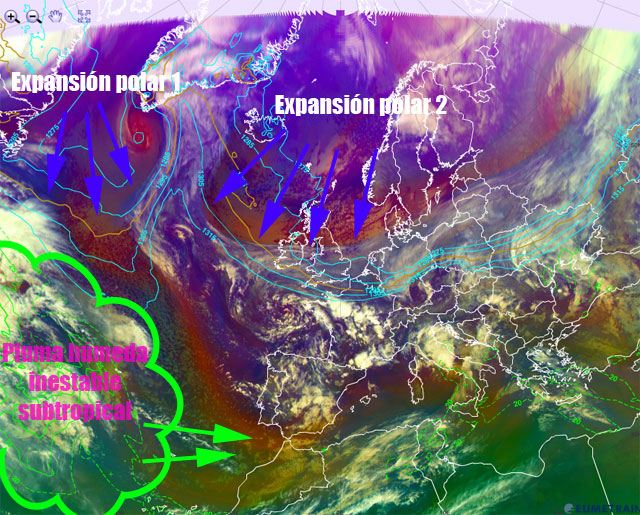 Imagen infrarroja y falso color RGB (modo masas de aire), Agua Precipitable Total (trazo verde), y espesor del estrato 850 - 1000 hPa. Análisis 10.03.13, 18 UTC. Crédito: eumetrain.