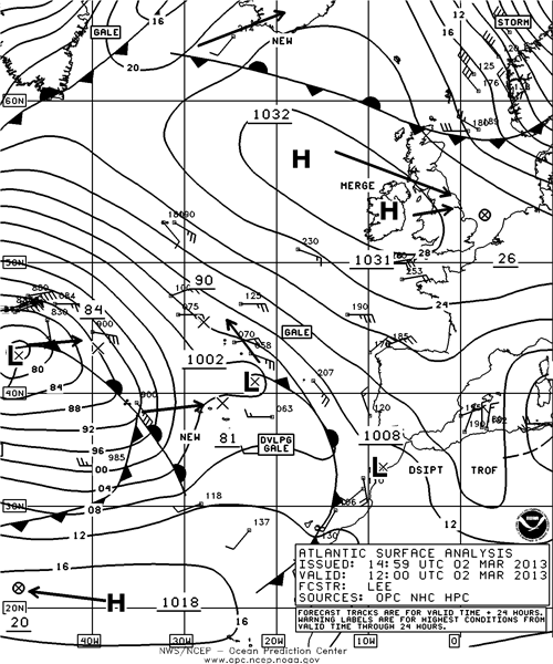 Análisis de superficie para el Atlántico Norte, 02.03.13, 14:59 UTC. Crédito: NOAA / OPC.