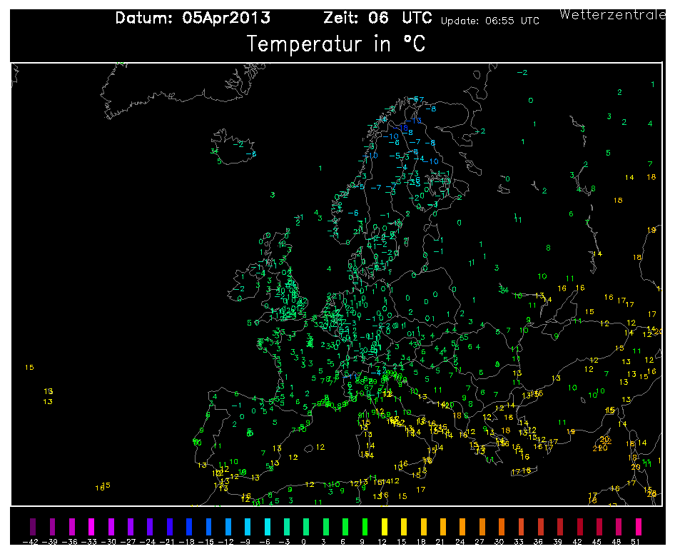 Temperaturas a 2 m. a las 06 UTC en Europa. Crédito: wetterzentrale.
