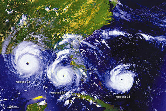 Huracán ANDREW, 23, 24 y 25 de agosto de 1992. Crédito: NASA.