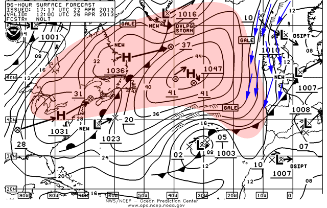 Análisis de superficie para el Atlántico Norte, previsión para el 26.04.13, 12 UTC. Crédito: NOAA/OPC.