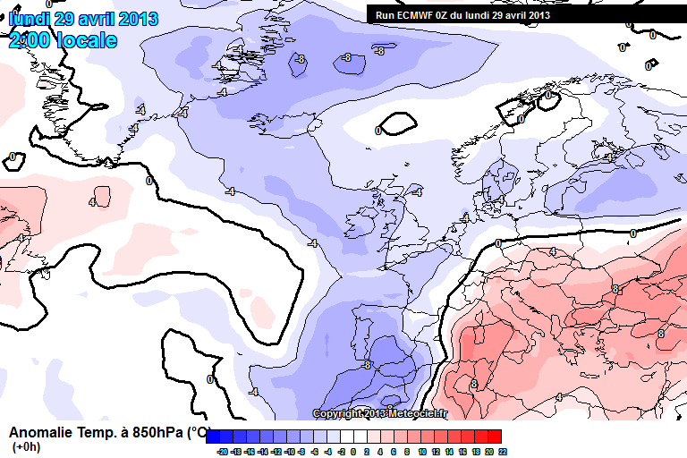 Anomalía de temperaturas a 850 hPa. 29.04.13, 00 UTC. Modelo ECMWF.