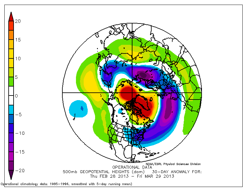 Anomalía media de altura geopotencial de 500 hPa para el periodo 28.02.13 a 29.03.13. Crédito: NOAA/ESRL.