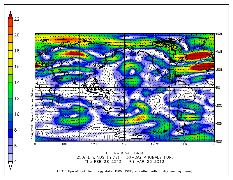 Anomalía media de vientos a 250 hPa (m/s) para el periodo 28.02.13 a 29.03.13. Crédito: NOAA/ESRL.