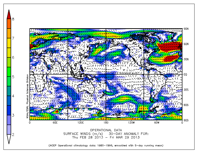 Anomalía media de vientos en superficie (m/s) para el periodo 28.02.13 a 29.03.13. Crédito: NOAA/ESRL.